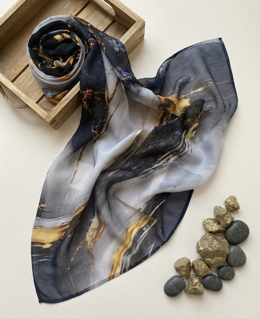 Dark midnight navy and gold brushstroke abstract printed modal hijab