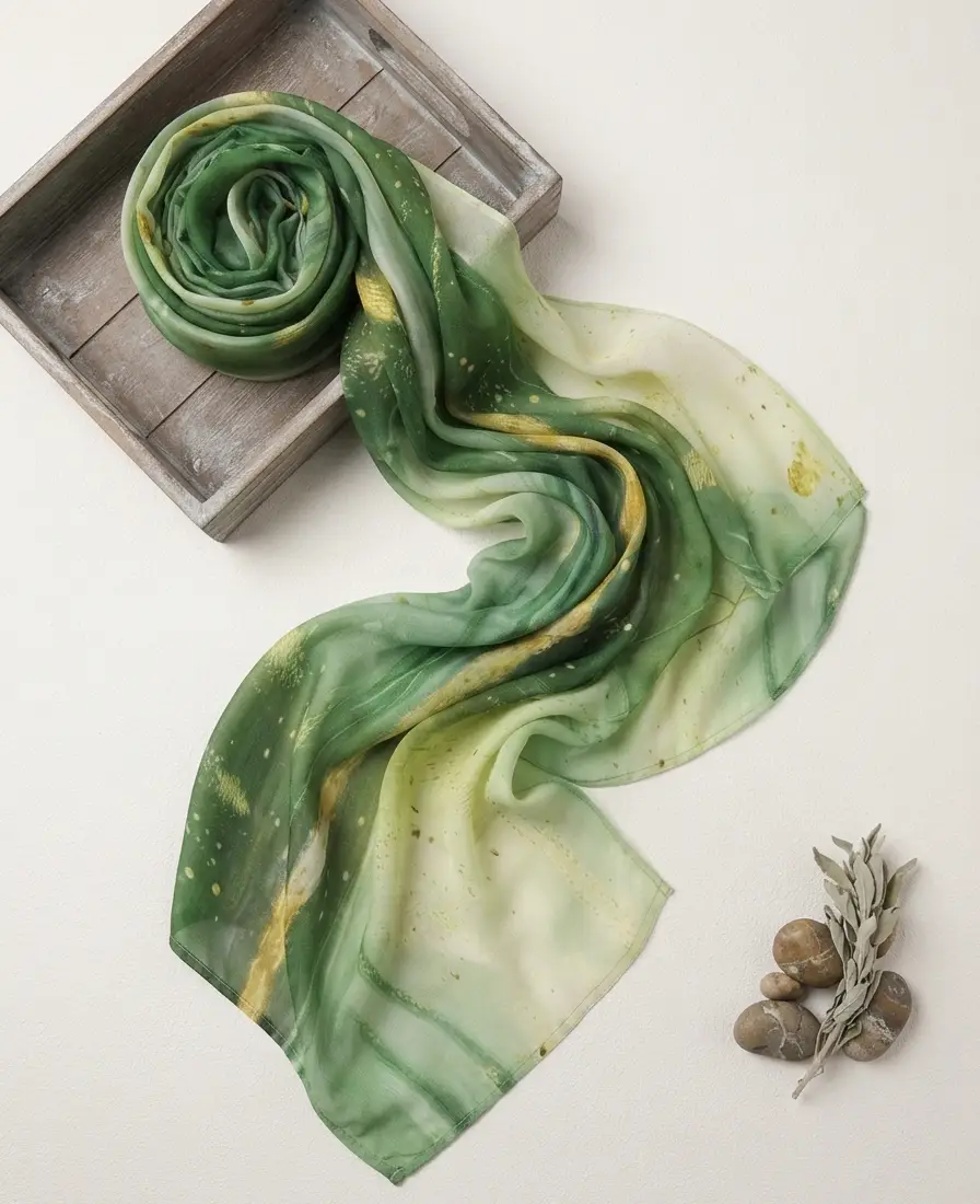 Rich emerald green and organic yellow gold splash printed modal hijab