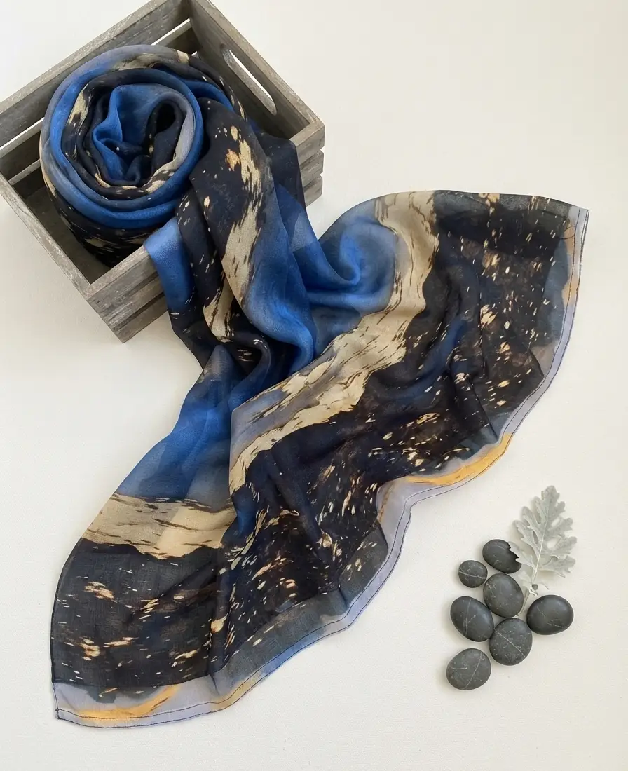 Cobalt blue black and warm sand colorblock printed modal hijab