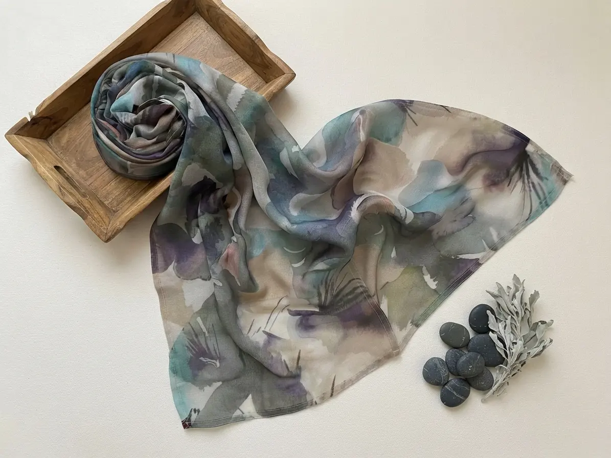 Soft teal slate blue and lavender mineral marble printed modal hijab