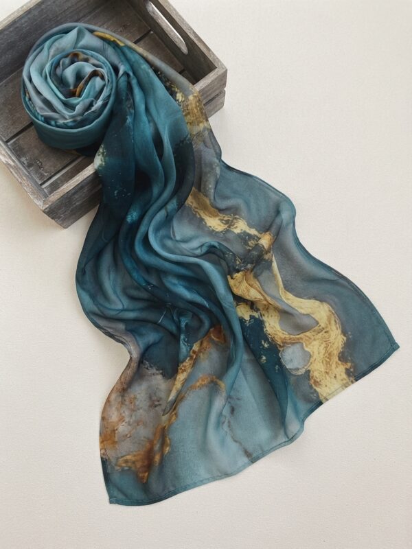 Deep turquoise blue and forest green marbled modal hijab with gold vein