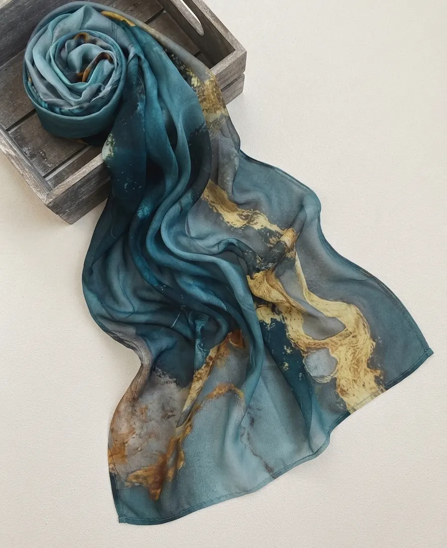 Deep turquoise blue and forest green marbled modal hijab with gold vein