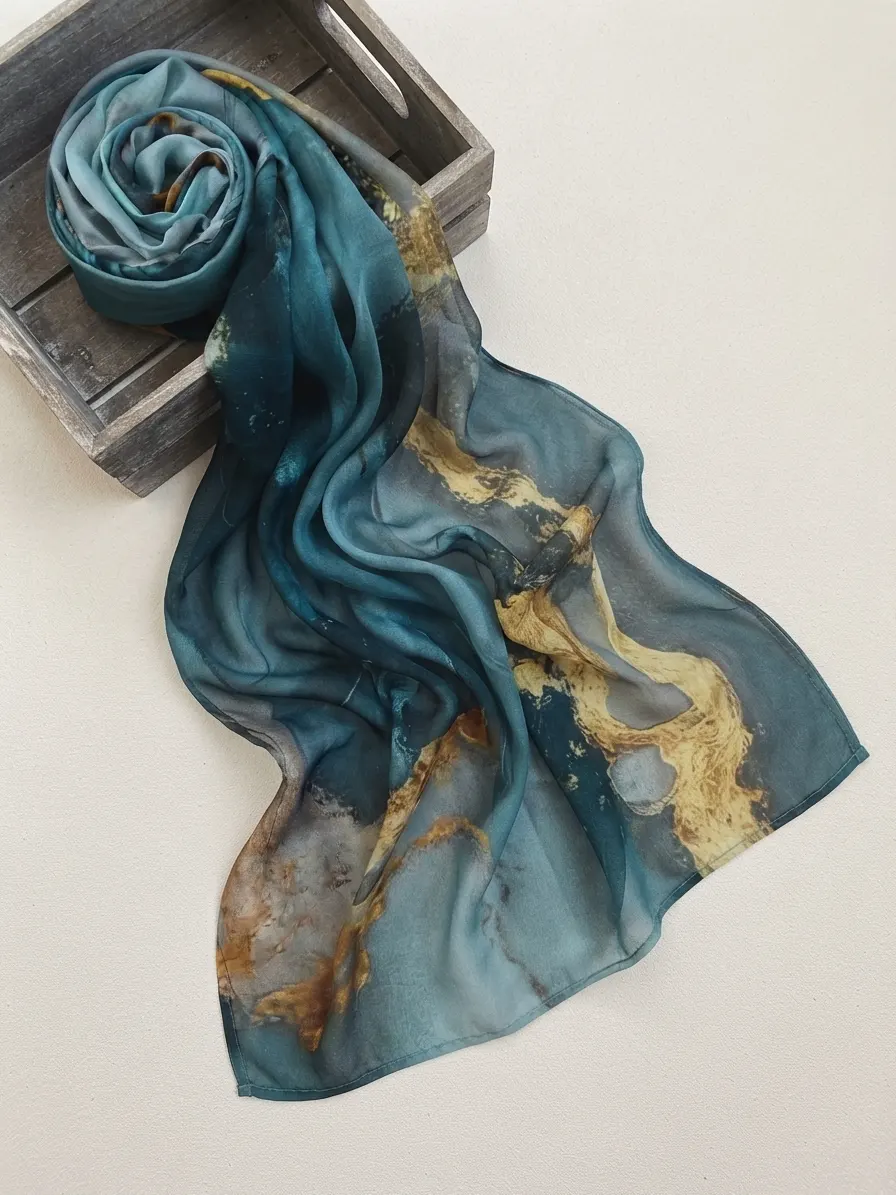 Deep turquoise blue and forest green marbled modal hijab with gold vein
