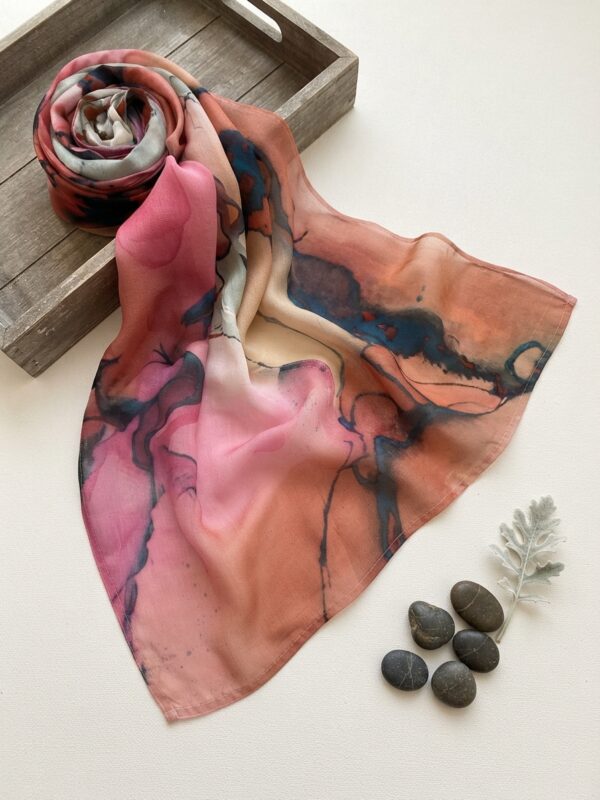 Warm peach rose pink and teal abstract watercolor printed modal hijab