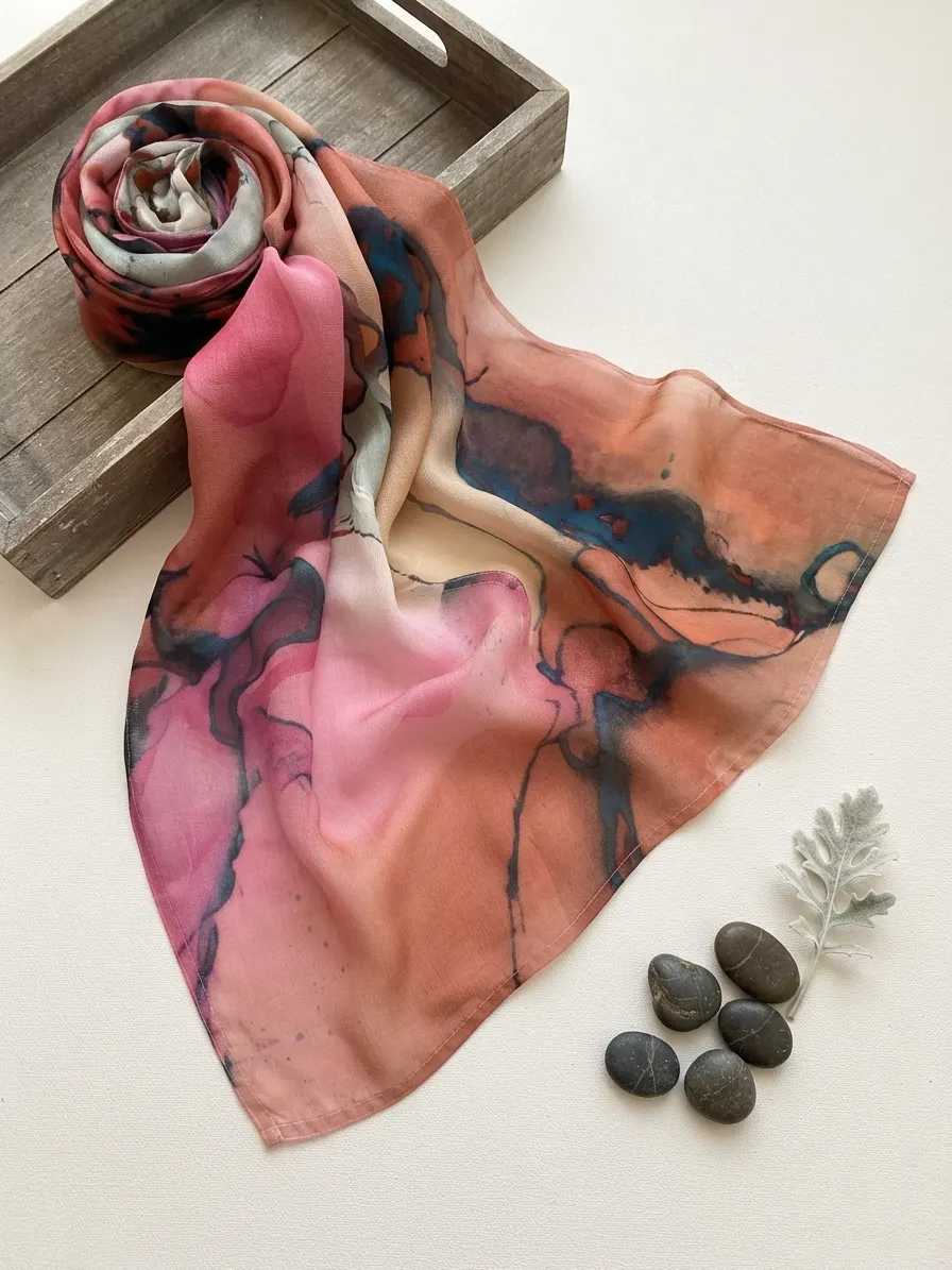 Warm peach rose pink and teal abstract watercolor printed modal hijab