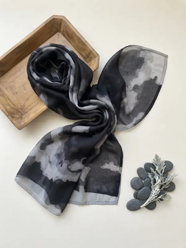 Abstract black and grey watercolor wash printed modal hijab