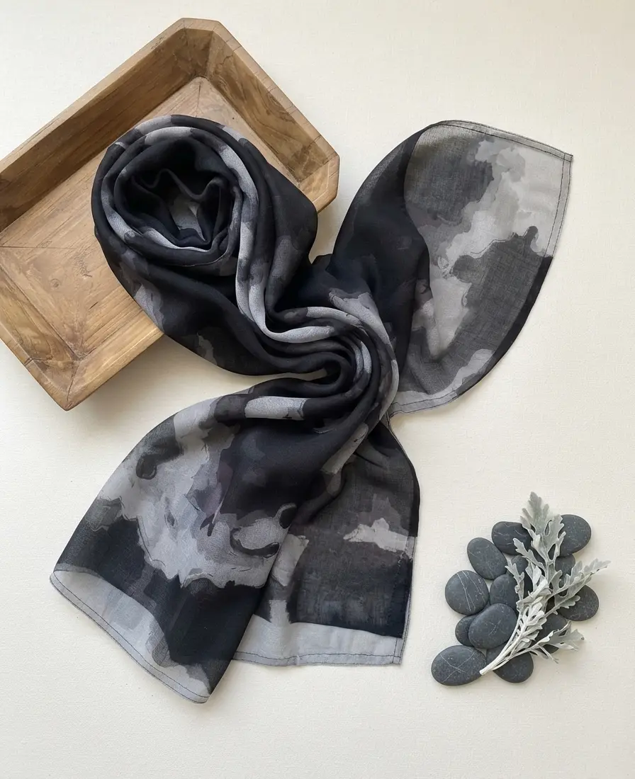Abstract black and grey watercolor wash printed modal hijab