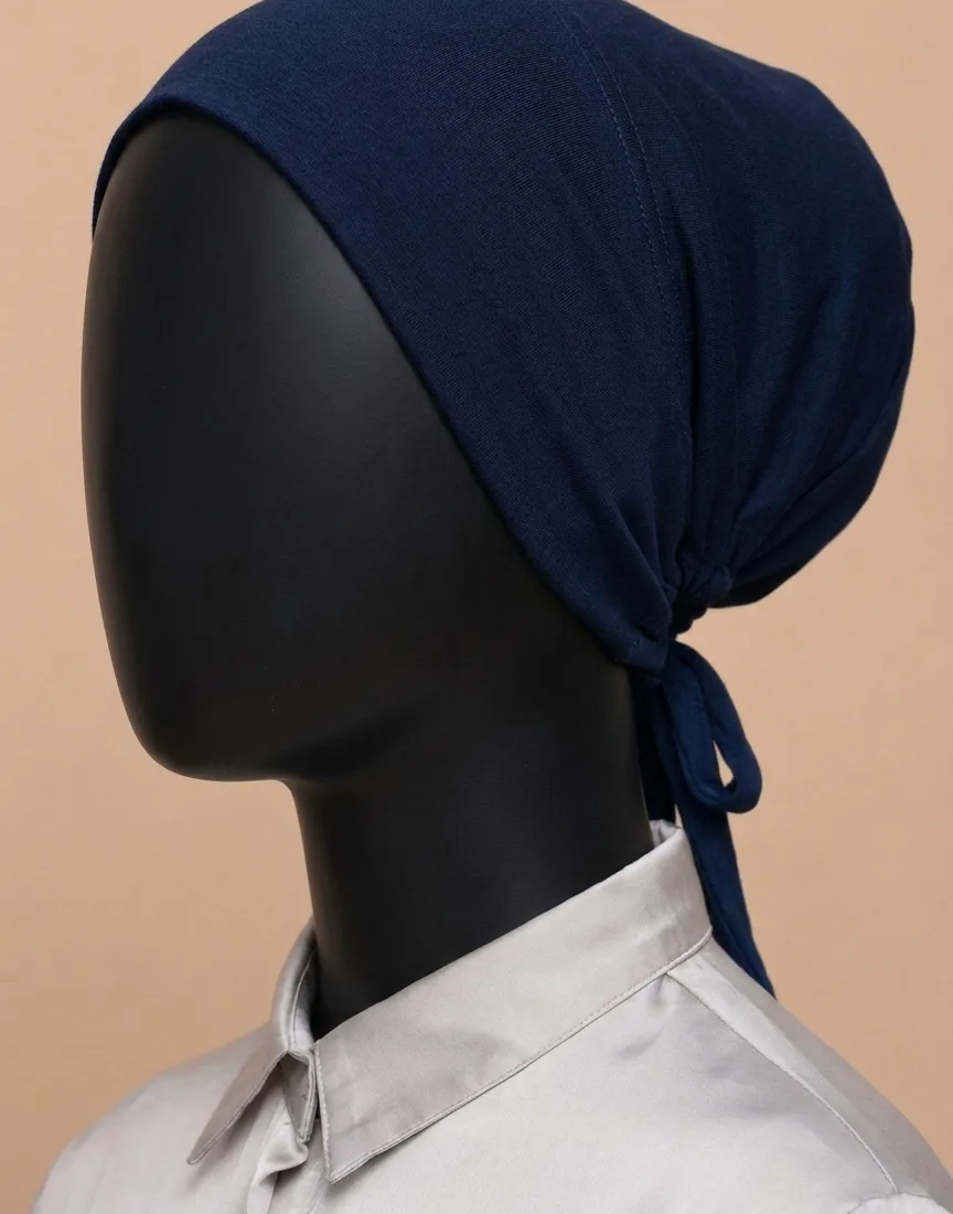 Breathable cotton adjustable tie back undercap for hijab in Navy Bleu