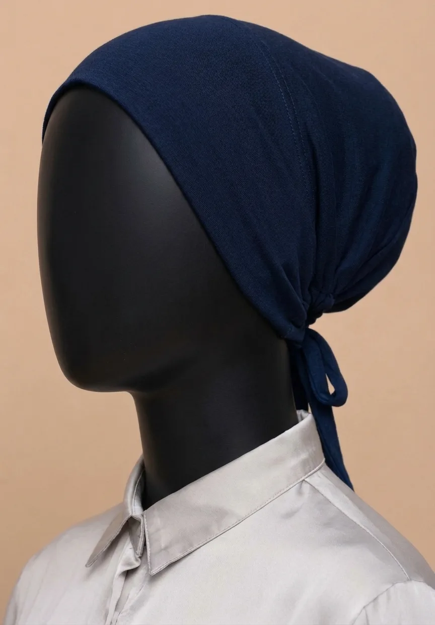 Breathable cotton adjustable tie back undercap for hijab in Navy Bleu