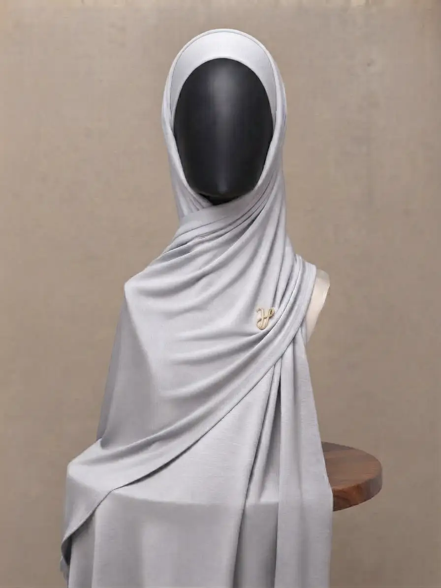 Ash pale light grey premium cotton jersey hijab with signature gold charm