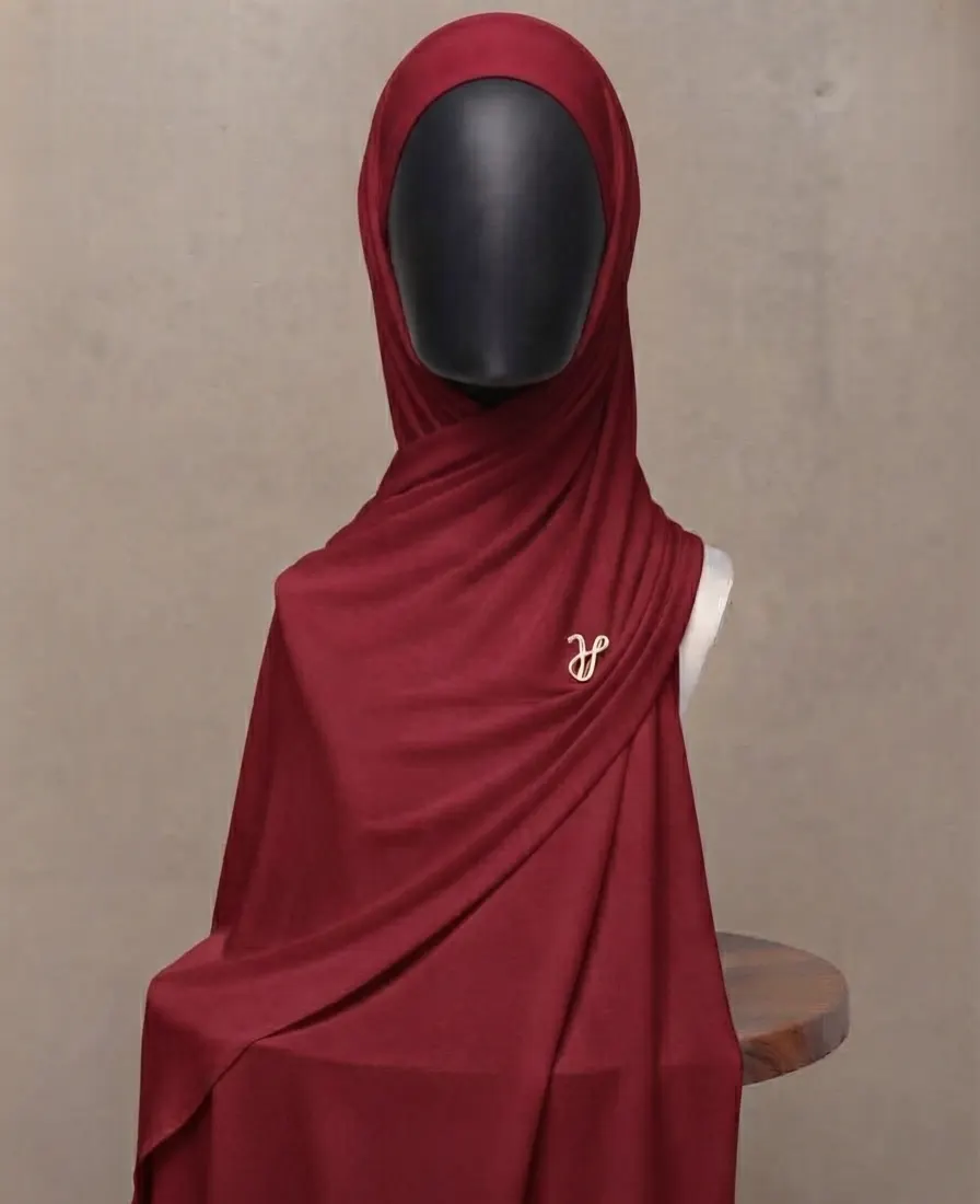 Biking red crimson dark red premium cotton jersey hijab with signature gold charm