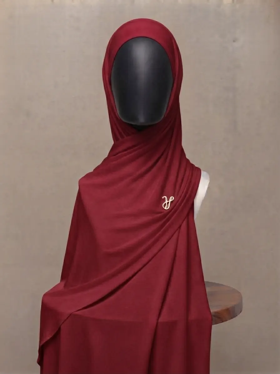 Biking red crimson dark red premium cotton jersey hijab with signature gold charm