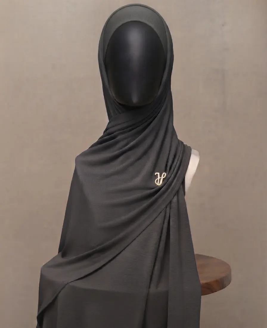 Castlerock dark stone grey premium cotton jersey hijab with signature gold charm