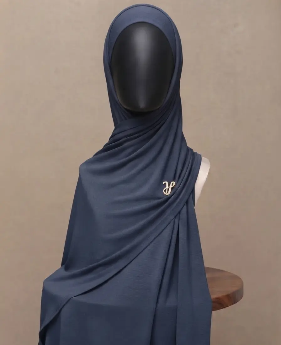 Cloudburst stormy blue grey premium cotton jersey hijab with signature gold charm