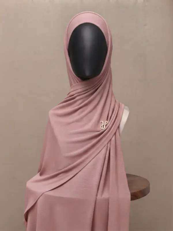Dusty rose muted pink premium cotton jersey hijab with signature gold charm