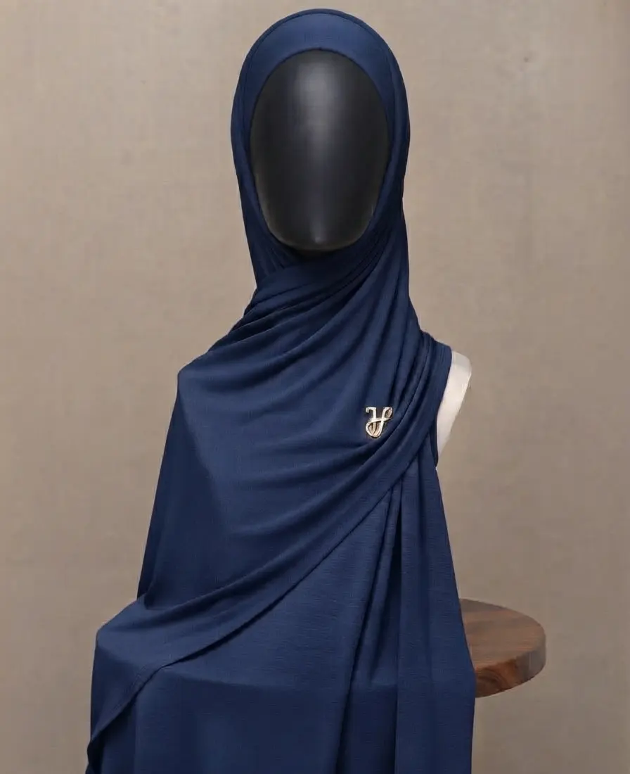 Navy blue dark blue premium cotton jersey hijab with signature gold charm