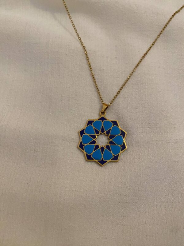 Handcrafted Mediterranean geometric rosette tile pendant necklace with blue and navy enamel in gold plating