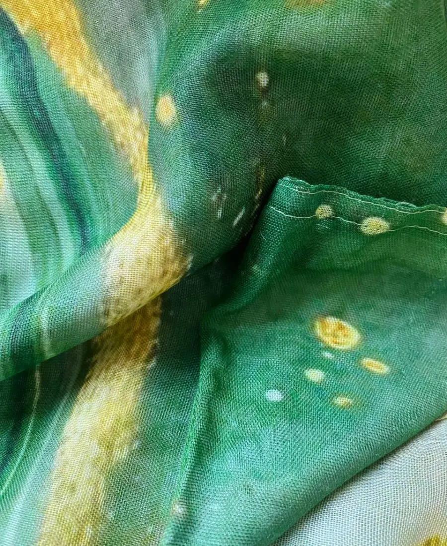 Rich emerald green and organic yellow gold splash printed modal hijab