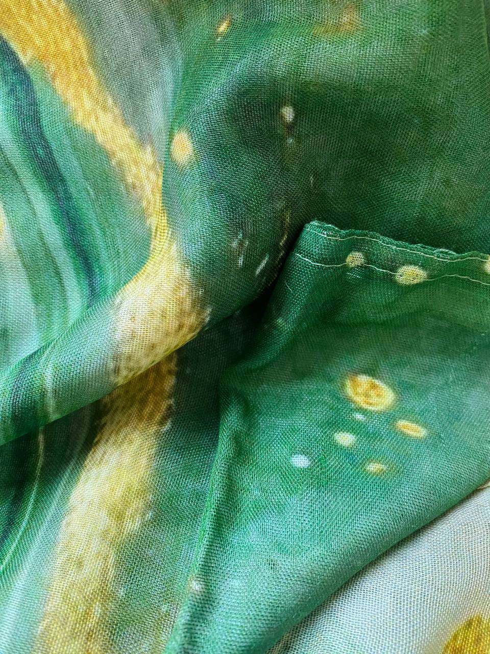 Rich emerald green and organic yellow gold splash printed modal hijab