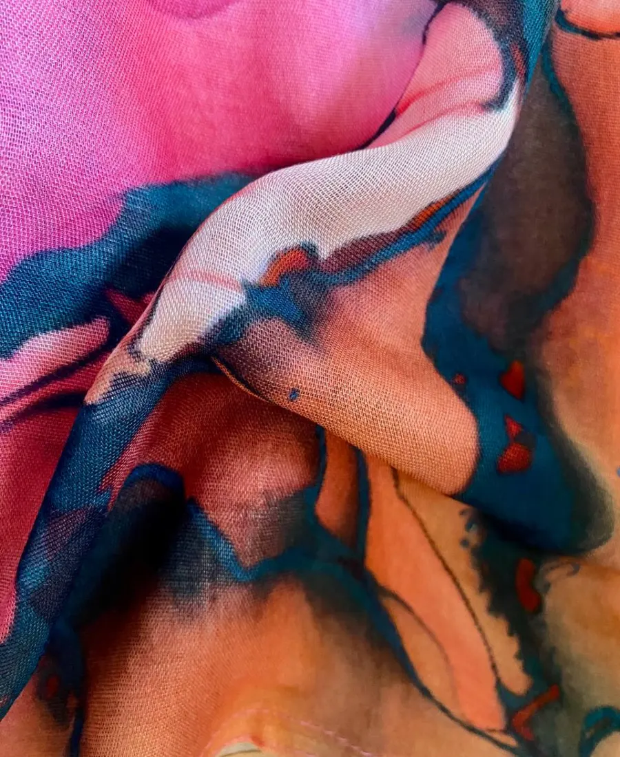 Warm peach rose pink and teal abstract watercolor printed modal hijab