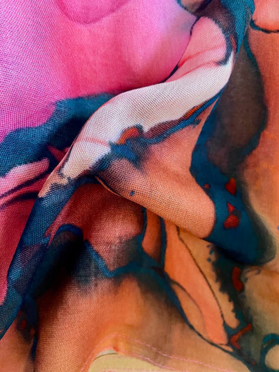 Warm peach rose pink and teal abstract watercolor printed modal hijab