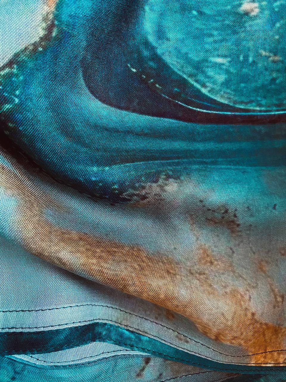Deep turquoise blue and forest green marbled modal hijab with gold vein
