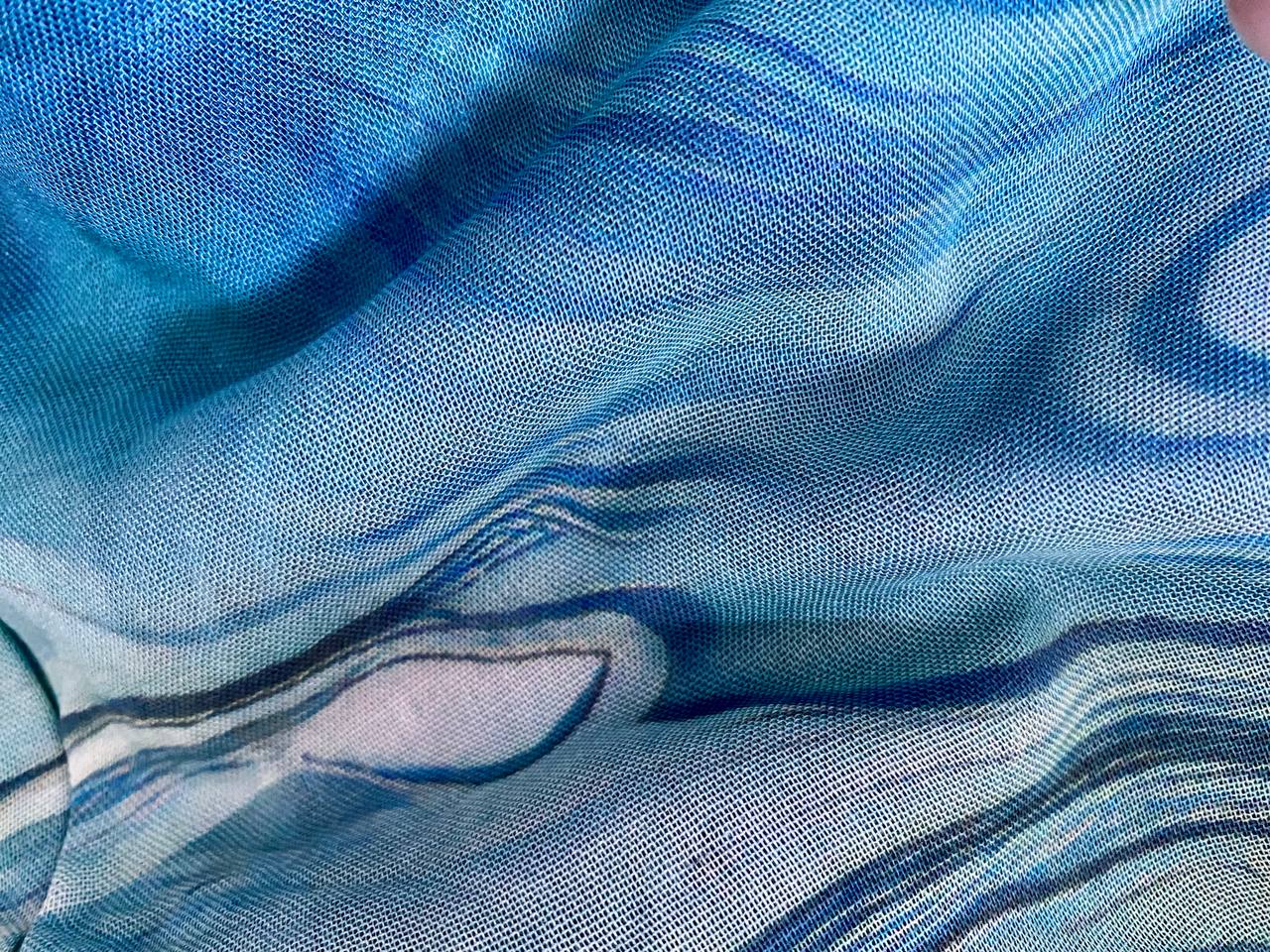 Expressive ocean marble liquid swirl fluid print blue and grey modal hijab