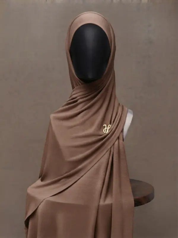 Root beer warm amber chestnut brown premium cotton jersey hijab with signature gold charm